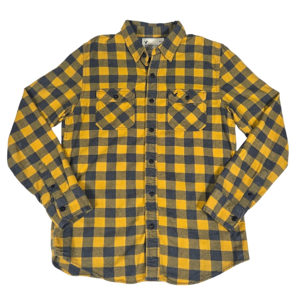 American Eagle Outfitters Sz Large Yellow Plaid Check Button Up Longsleeve Shirt